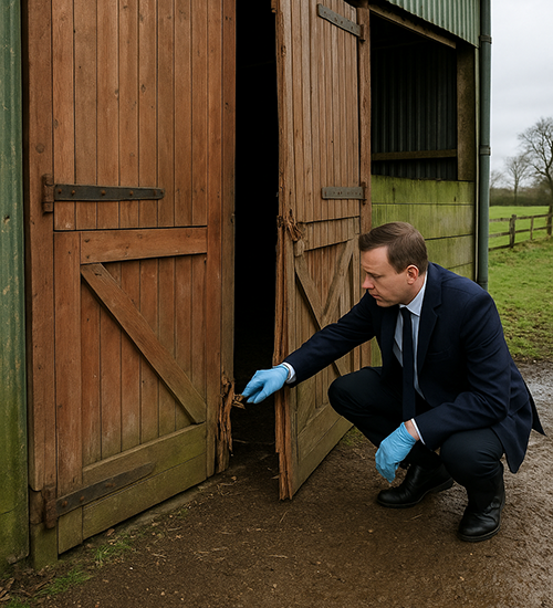 Professional investigator examining evidence at a rural barn break-in scene wearing protective gloves